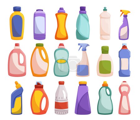 Illustration for Detergent Bottles Set. Convenient, Ergonomic Design With Easy-to-use Cap For Efficient Dispensing. Clear Packaging Displays Product For Effective And Hassle-free Cleaning. Cartoon Vector Illustration - Royalty Free Image