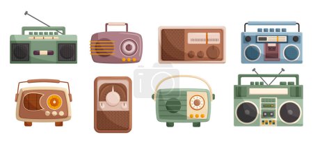 Illustration for Antique Music Recorders Capture The Essence Of Bygone Eras. These Nostalgic Devices Play Tape Records, Preserving The Rich Sounds Of History. Tape Recorders or Radio Set. Cartoon Vector Illustration - Royalty Free Image