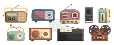 Ilustración de Grabadoras de música vintage capturan el encanto de antaño. Estos dispositivos analógicos conservan el sonido en la cinta y Bobbin Records, evocando nostalgia en la experiencia auditiva. Ilustración de vectores de dibujos animados - Imagen libre de derechos