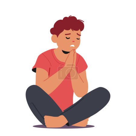 Illustration for Young Boy Character Sitting With Folded Hands And Closed Eyes, Expressing A Heartfelt Prayer, Seeking Guidance, Comfort, And Connection With The Divine. Cartoon People Vector Illustration - Royalty Free Image