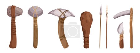 Illustration for Arrowhead, Hand Axe, Scraper, Chisel, And Hammerstone Essential Stone Age Tools, Crafted From Stone, Bone, And Wood, Aiding In Hunting, Crafting, And Daily Tasks. Cartoon Vector Illustration - Royalty Free Image