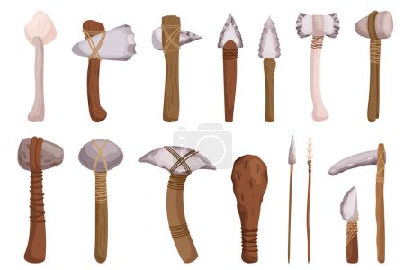 Illustration for Stone Age Tools For Hunting, Cooking, And Crafting. Axe, Spear, Flint Knife, Grinding Stone, Hand Axe, Bone Awl, Scraper, Hammerstone, Chopper, Arrowhead, Digging Stick, And Club. Cartoon Vector Set - Royalty Free Image