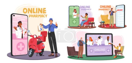 Los personajes utilizan los servicios de farmacia en línea, ofreciendo una amplia gama de medicamentos y productos de atención médica, proporcionando recambios de recetas fáciles y servicios de entrega. Dibujos animados Gente Vector Ilustración