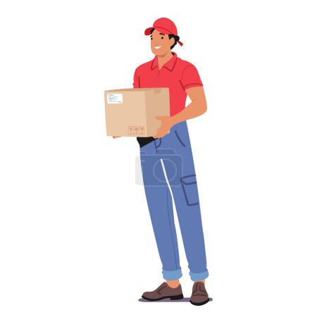 Illustration for Courier Male Character Stands Poised, Holding A Parcel In Capable Hands. Ready To Deliver, The Determined Stance Signifies Swift And Reliable Service he Offers. Cartoon People Vector Illustration - Royalty Free Image