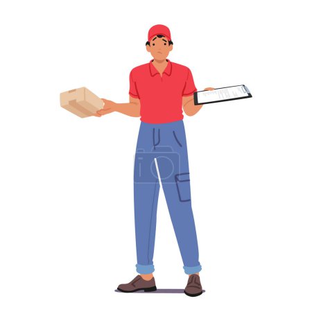 Befuddled Courier Character Holds A Parcel In One Hand And A Clipboard In The Other, Wearing A Perplexed Expression While Searching For The Correct Destination. Cartoon People Vector Illustration
