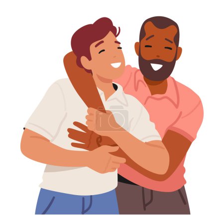 Illustration for Adult Men Friendly Hug, Mature Male Characters Warm Embrace, Conveying Camaraderie And Connection Through A Brief And Respectful Physical Gesture. Cartoon People Vector Illustration - Royalty Free Image