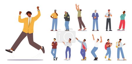 Set of Different Men Freeze, Jump, Stand in Confident Pose. Old and Young Male Characters Shoot on Smartphone, Dance or Rejoice. Boys and Senior Gentlemen Lifestyle. Cartoon People Vector Illustration