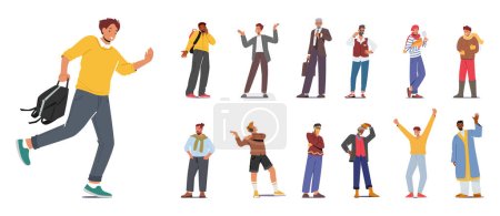 Set of Different Men. Old and Young Male Characters wear Hipster and Trendy Clothes, French Man with Baguette and Wine, Student Boy, Businessman or Senior Gentlemen. Cartoon People Vector Illustration