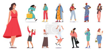Illustration for Set of Different Women. Tourist, Muslim, African or Caucasian Female Characters Lifestyle. Girl and Ladies Hurry, Rejoice, Dance and Jump, Positive Senior Granny. Cartoon People Vector Illustration - Royalty Free Image