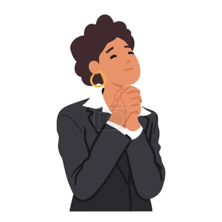 Eine erwachsene Frau verneigt sich mit geschlossenen Augen, die Hände im Gebet umklammert, ein gelassener Ausdruck auf ihrem Gesicht, der sich mit ihrer Spiritualität verbindet. Weiblicher Charakter betet. Cartoon People Vektor Illustration