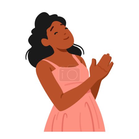 Téléchargez les illustrations : Jeune personnage féminin noir louange. Femme aux yeux fermés et les mains jointes dans une posture sereine, offre ses prières sincères, la création d'une Aura de dévotion et de tranquillité. Illustration vectorielle de bande dessinée - en licence libre de droit