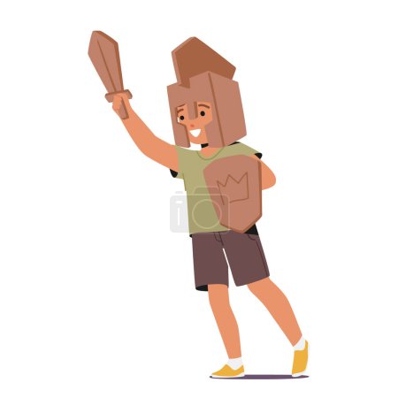 Illustration for Young Boy Character Proudly Dons A Homemade Cardboard Knight Costume, Shield and Sword, His Imagination Transforming Him Into A Valiant Warrior On An Epic Adventure. Cartoon People Vector Illustration - Royalty Free Image