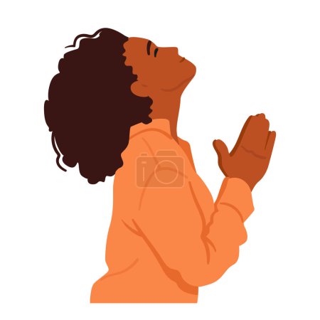 Illustration for Black Female Character Praying, Woman Raises Up Her Head to Heaven In Quiet Reverence, Hands Folded In Prayer, Her Expression A Mix Of Serenity And Devotion. Cartoon People Vector Illustration - Royalty Free Image