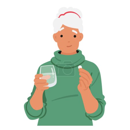 Illustration for Elderly Woman Clasping Pill With A Poised Hand, A Water Glass Awaiting. Moments Of Daily Ritual, A Bridge To Well-being. Senior Female Character with Remedy. Cartoon People Vector Illustration - Royalty Free Image