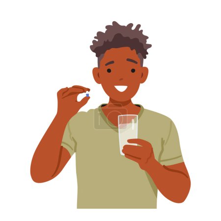 Illustration for Youthful Man Poised With A Pill In Hand, Ready To Combine It With A Clear Glass Of Water, Epitomizing The Act Of Taking Medication. Black Male Character with Drug. Cartoon People Vector Illustration - Royalty Free Image