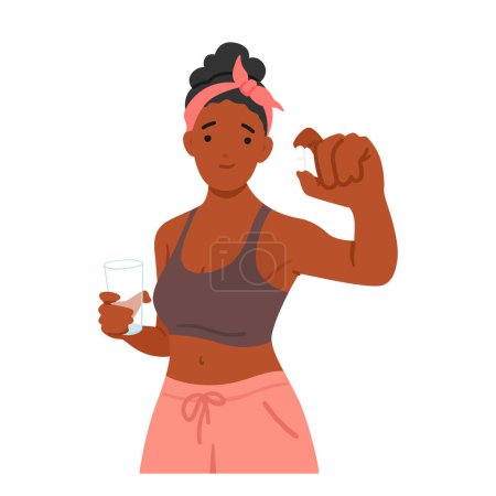 Illustration for Youthful Woman Poised With A Pill In Hand. Black Female Character Ready To Take A Step Towards Well-being, Accompanied By A Glass Of Water For A Healthful Sip. Cartoon People Vector Illustration - Royalty Free Image