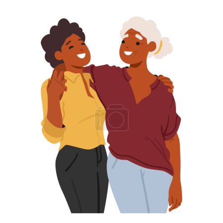 Illustration for Warm Embrace Transcending Generations, Young And Old Women Hug, Exude Care And Understanding, Mother and Adult Daughter Bridging Time Through Heartfelt Connection. Cartoon People Vector Illustration - Royalty Free Image