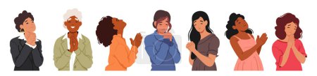 Illustration for Young and Old Female Characters Bowing With Closed Eyes, Hands Clasped, Expressing Reverence And Supplication. Faces Reflect Devotion, Seeking Solace Or Guidance. Cartoon People Vector Illustration - Royalty Free Image