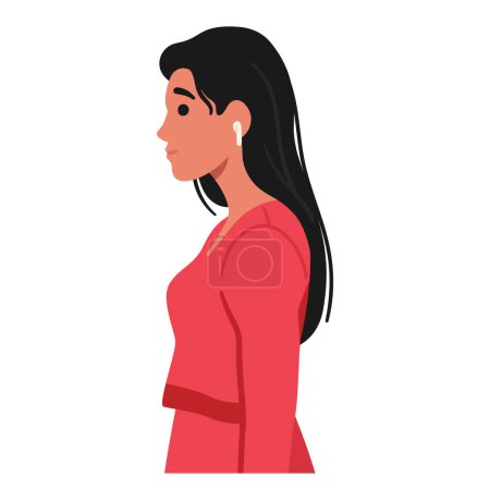 Téléchargez les illustrations : Jeune personnage de femme en robe rouge, avec des cheveux noirs lisses se tient dans le profil, ses écouteurs dedans, capsulant un moment de connectivité et de style moderne. Illustration vectorielle des personnages de bande dessinée - en licence libre de droit