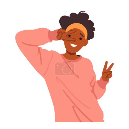 Illustration for Teenage Girl Character Enthusiastically Flashes Victory Signs With Both Hands, Her Fingers Forming V-shaped Peace Signs, Radiating Youthful Energy And Positivity. Cartoon People Vector Illustration - Royalty Free Image