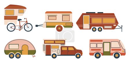 Camper Vans Set, Versatile Vehicles Equipped For Travel And Leisure. They Offer Compact Living Spaces With Amenities For On-the-go Adventures, Ideal For Road Trips. Cartoon Vector Illustration