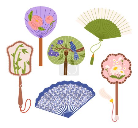 Illustration for Collection Of Exquisite Asian Hand Fans, Adorned With Intricate Designs, Vibrant Colors, Delicate Materials, Flowers and Birds Patterns, Showcasing Cultural Craftsmanship. Cartoon Vector Illustration - Royalty Free Image