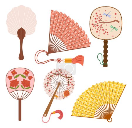 Illustration for Collection Of Exquisite Asian Hand Fans, Adorned With Intricate Designs, Tassels And Vibrant Colors and Patterns, Showcase Traditional Craftsmanship And Cultural Elegance. Cartoon Vector Illustration - Royalty Free Image