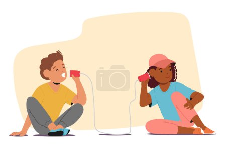 Ilustración de Los niños juegan con un teléfono de cuerda, un juguete de comunicación simple hecho conectando dos latas con una cuerda, fomentando conversaciones imaginativas y juego creativo. Dibujos animados Gente Vector Ilustración - Imagen libre de derechos