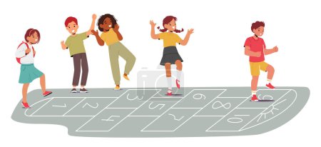 Illustration for Children Characters Joyfully Hop, Skip And Jump, Playing Hopscotch On Grid Drawn With Chalk. Laughter Fills The Air As They Toss A Stone Aiming For Numbered Squares. Cartoon People Vector Illustration - Royalty Free Image