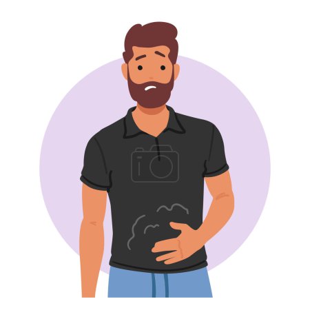 Illustration for Male Character Displays Discomfort Due To Indigestion, Showing Symptom Of Gastritis, Such As Abdominal Pain And Discomfort, Caused By Inflammation Of Stomach Lining. Cartoon People Vector Illustration - Royalty Free Image