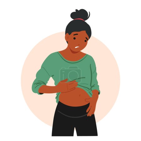 Caractère de la femme éprouvant des ballonnements gastrite symptôme apparaît mal à l'aise, avec distension abdominale, et l'inconfort, en raison de l'inflammation dans la doublure de l'estomac. Illustration vectorielle des personnages de bande dessinée