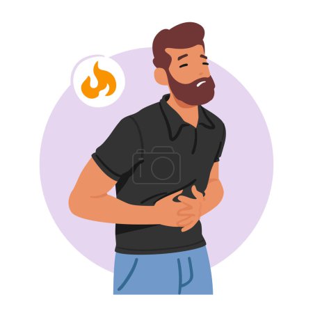 Illustration for Sick Character Experiencing Intense Stomach Discomfort And Burning Sensations, Symptom Of Gastritis. Man Seek Medical Attention Promptly For Diagnosis And Treatment. Cartoon People Vector Illustration - Royalty Free Image