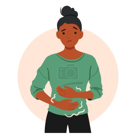 Illustration for Woman Grimaces, Clutching Her Stomach In Discomfort, African American Female Character Experiences Symptoms Of Gastritis, Such As Indigestion or Abdominal Pain. Cartoon People Vector Illustration - Royalty Free Image