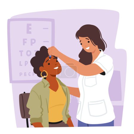 Doctor Female Character Dripping Drops in Patient Eye Suffering of DES, Dry Eyes Syndrome and Conjunctivitis Disease. Medical and Pharmaceutical Vision Treatment. Cartoon People Vector Illustration