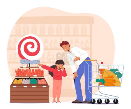 Illustration for Frantic Child Character Passionately Insists On Buying Candy In Supermarket Creating A Chaotic Scene While Their Exasperated Father Attempts To Manage The Situation. Cartoon People Vector Illustration - Royalty Free Image
