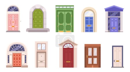 Illustration for Vintage Doors Isolated Set. Countryside Cottage Doorways with Weathered Wood, Intricate Carvings, And Antique Hardware, Adding A Touch Of History To Retro Architecture. Cartoon Vector Illustration - Royalty Free Image