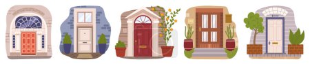 Illustration for Vintage Doors, Retro Cottage House Entrances Of Bygone Eras Exude Timeless Charm With Weathered Wood, Intricate Carvings, Arched Shapes, Potted Plants And Ornate Hardware. Cartoon Vector Illustration - Royalty Free Image