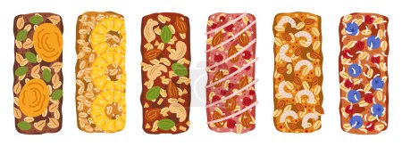 Illustration for Wholesome Assortment Of Nutritious Granola Bars Isolated Set, Packed With Natural Ingredients Like Oats, Nuts, And Dried Fruits. Perfect For A Guilt-free Snack On The Go. Cartoon Vector Illustration - Royalty Free Image