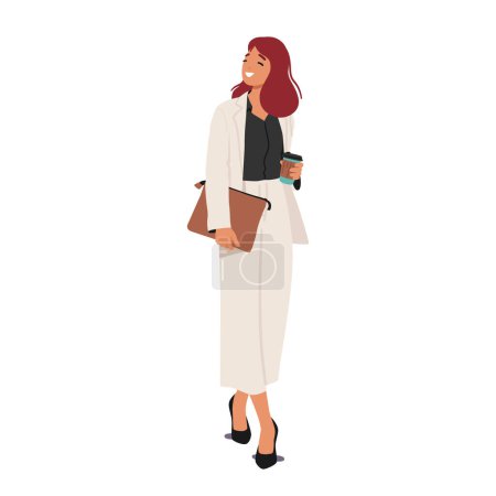 Illustration for Confident Businesswoman Character Stands Poised, Clutching Her Coffee Cup And Stylish Handbag. She Epitomizes Professionalism, Ready To Conquer The Day With Caffeine And Sophistication, Vector - Royalty Free Image