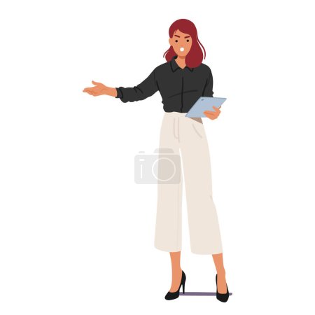 Illustration for Frustrated Businesswoman Furiously Gesturing with Tablet in Hand, Brows Furrowed, Eyes Ablaze With Determination, As She Navigates Challenges In The Corporate World. Cartoon People Vector Illustration - Royalty Free Image