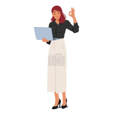 Der Charakter einer selbstbewussten Unternehmerin steht hoch, Laptop in der Hand und blinkt mit einer zustimmenden Geste, ein Symbol für Erfolg, Effizienz und Professionalität. Cartoon People Vektor Illustration
