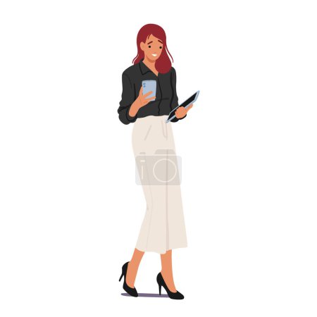Illustration for Modern Businesswoman Character Confidently Walks With Her Tablet And Smartphone, Seamlessly Balancing Work And Technology In Her Busy Professional Life. Cartoon People Vector Illustration - Royalty Free Image