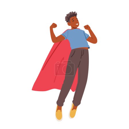 Illustration for Teenage Boy Superhero, Courageous And Determined Character Wear Red Cape Show Muscles and Exceptional Power, Protect Innocent, Fight Against Evil, Make World Better Cartoon People Vector Illustration - Royalty Free Image