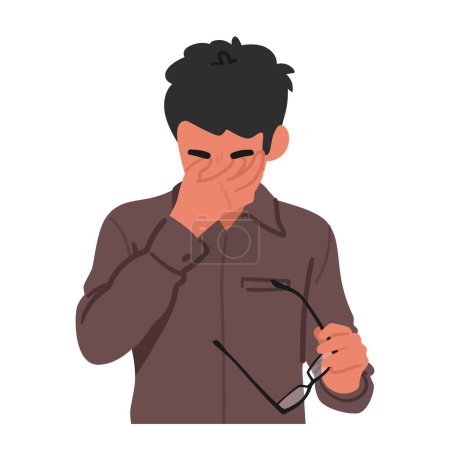 Illustration for Man Character In Business Attire Holds His Glasses, Rubbing His Tired Eyes With A Look Of Fatigue And Strain, Symbolizing The Pressures Of Work And Eye Strain. Cartoon People Vector Illustration - Royalty Free Image