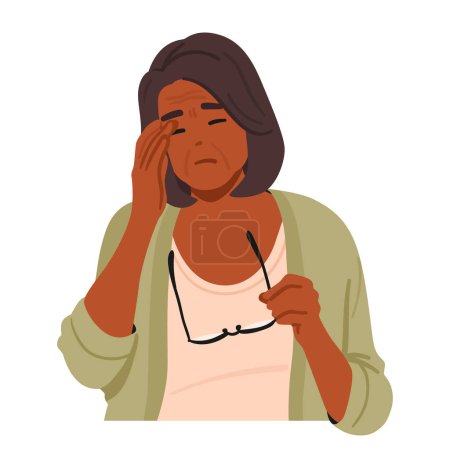 Illustration for Elderly Woman Holding Glasses and Rubs Her Tired Eyes, Portraying Fatigue And The Need For Vision Support. Senior Female Character Portrays Discomfort And Vision Problems. Cartoon Vector Illustration - Royalty Free Image