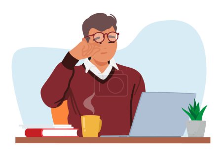 Man With Vision Problems Struggles To Use A Laptop. Male Office Manager Character Squinting, Rubbing Eyes, Highlighting The Challenge Of Accessibility In Technology. Cartoon People Vector Illustration