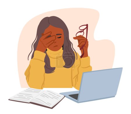 Illustration for Young Woman Sits At A Desk Cluttered With A Computer, Paperwork, And Office Supplies. Female Character Rubs Her Tired Eyes While Holding A Pair Of Glasses. Cartoon People Vector Illustration - Royalty Free Image
