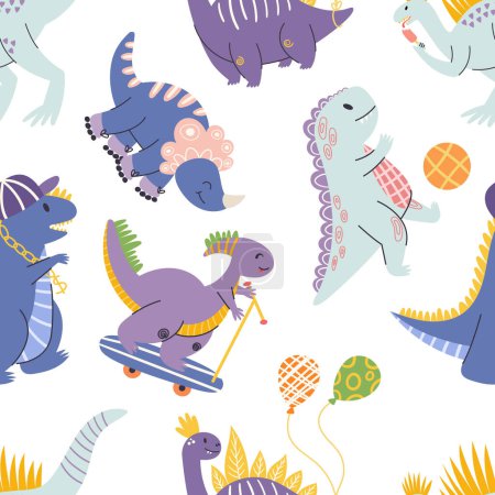 Illustration for Vibrant And Playful Seamless Pattern Featuring Adorable Dinosaurs In Various Poses And Colors, Play with Balls, Balloons and Riding Scooter, Children Decor, Textile, Paper. Cartoon Vector Illustration - Royalty Free Image