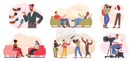 Illustration for Set of Characters Participate in Captivating Tv Show. Anchorpersons, Journalists, Guests Communicate in Vibrant Studio Settings, Create Programs to Viewers. Cartoon People Vector Illustration - Royalty Free Image