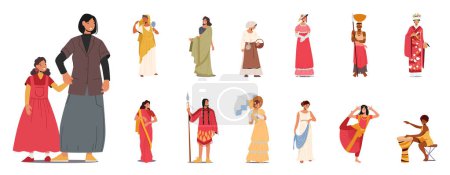 Ilustración de Set de personajes femeninos con trajes históricos. Mujer Indian Dancer, Medieval Peasant, African, Victorian Lady, Native American, Chinese, Greek or Roman. Dibujos animados Gente Vector Ilustración - Imagen libre de derechos